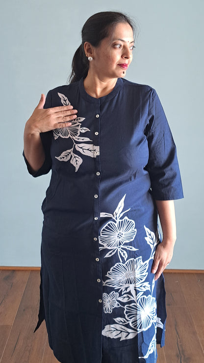 Navy Blue Floral Printed Cotton A-line Fit Kurta Pant Set