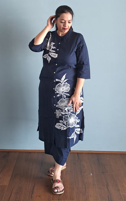 Navy Blue Floral Printed Cotton A-line Fit Kurta Pant Set