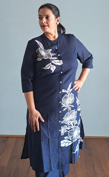 Navy Blue Floral Printed Cotton A-line Fit Kurta Pant Set