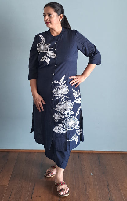 Navy Blue Floral Printed Cotton A-line Fit Kurta Pant Set