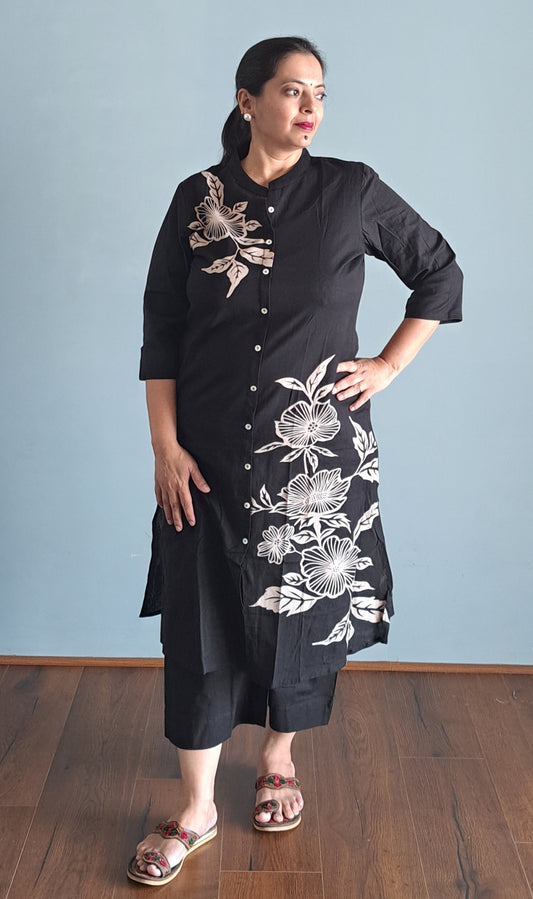 Black Floral Printed Cotton A-line Fit Kurta Pant Set