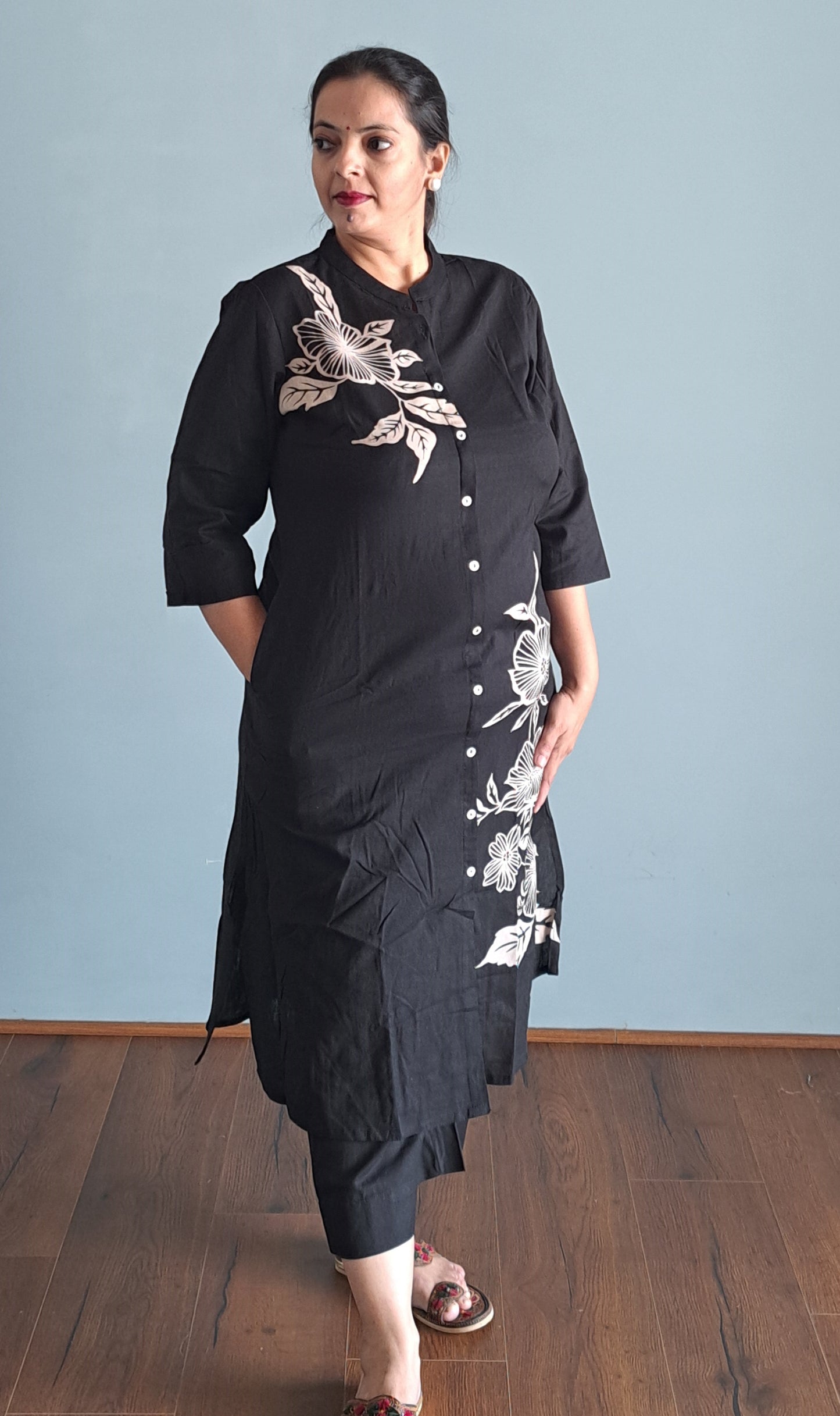 Black Floral Printed Cotton A-line Fit Kurta Pant Set