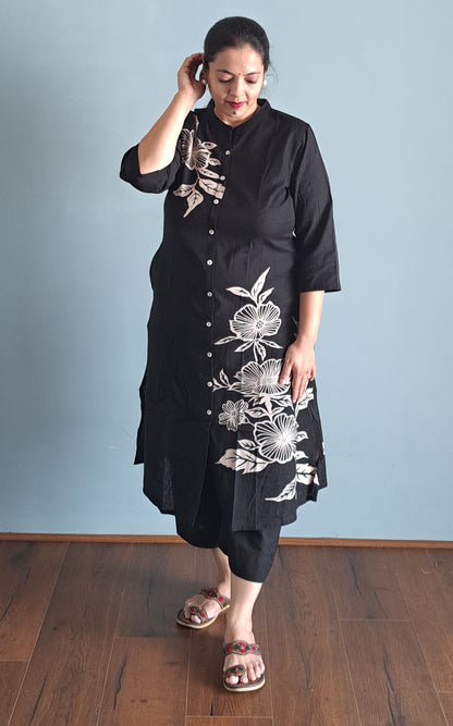 Black Floral Printed Cotton A-line Fit Kurta Pant Set