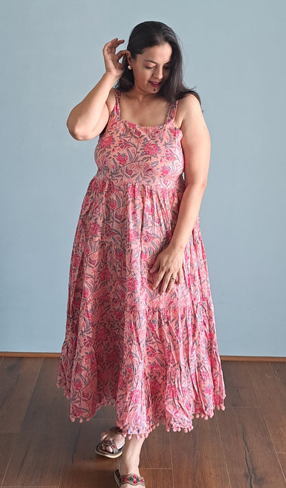 Pink Floral Printed Shoulder Strip Calf Long Dress for Women