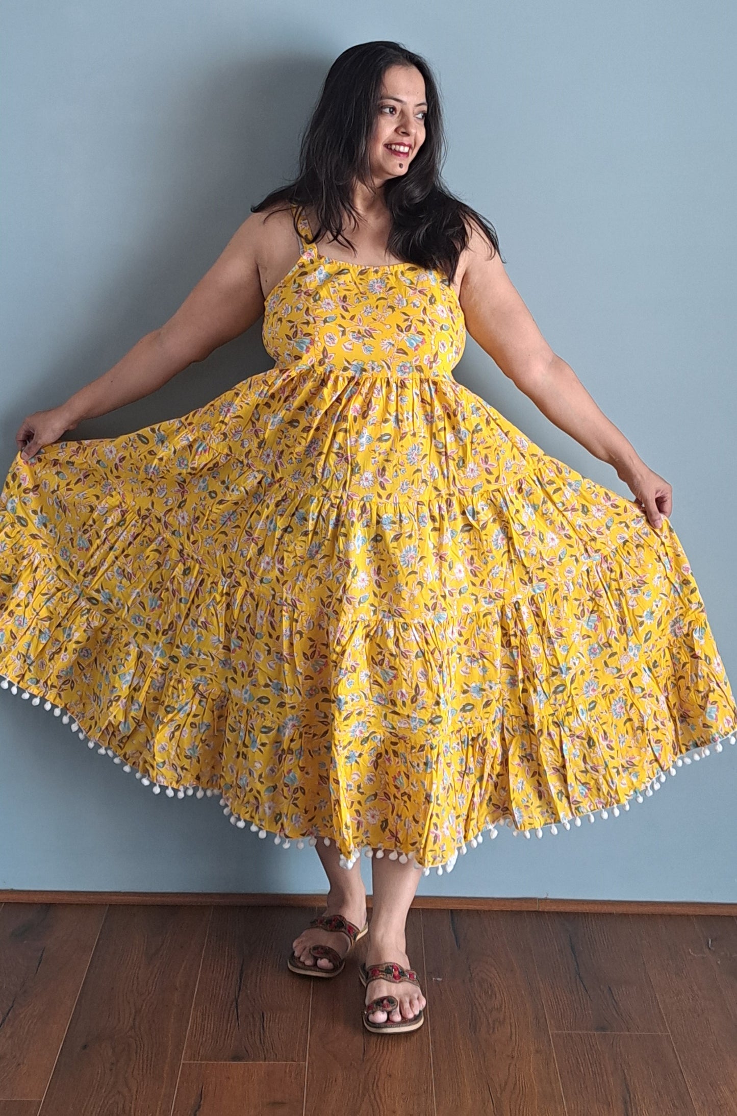 Yellow Floral Shoulder Strip Long Dress