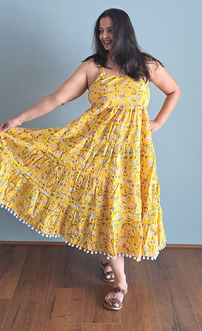 Yellow Floral Shoulder Strip Long Dress