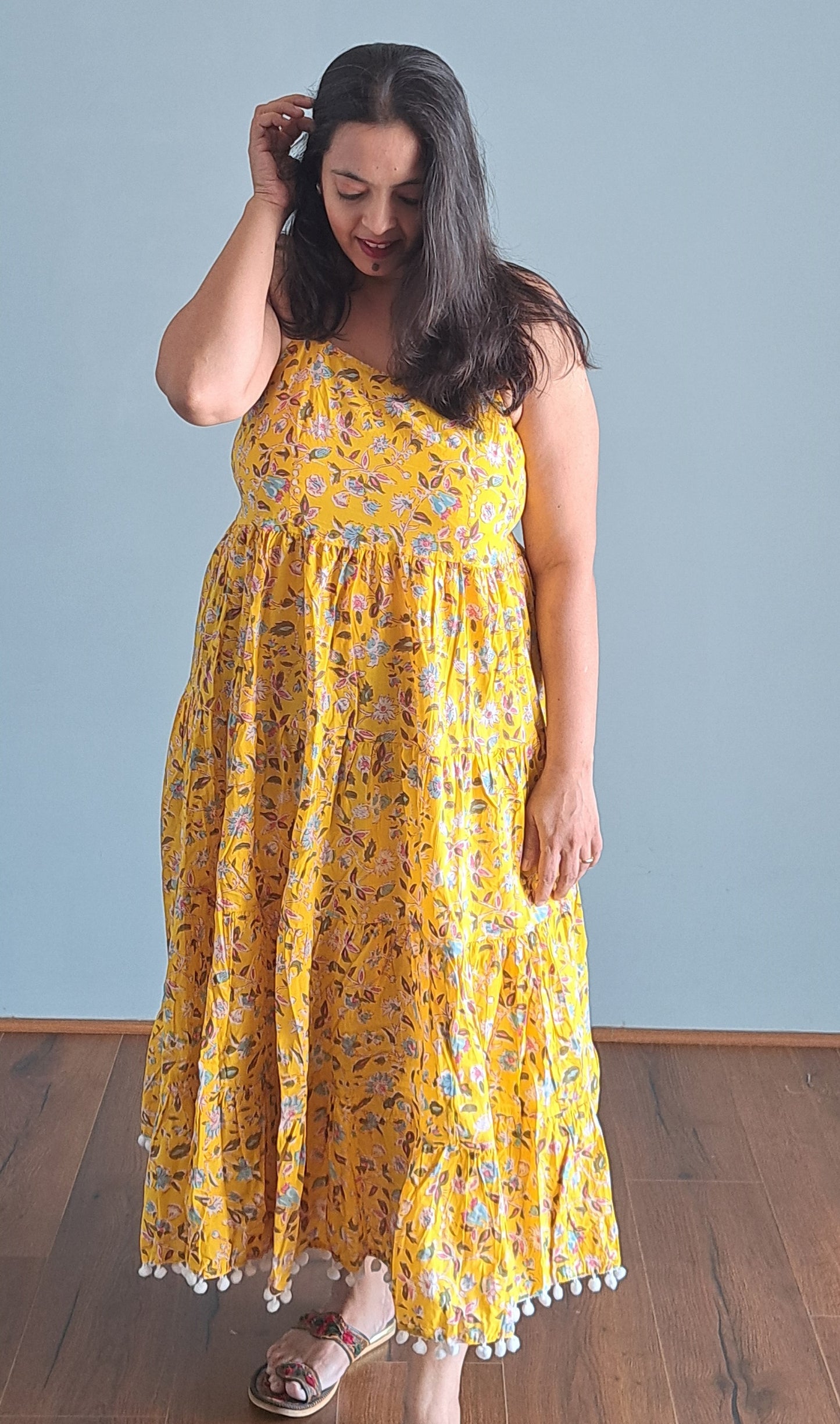 Yellow Floral Shoulder Strip Long Dress