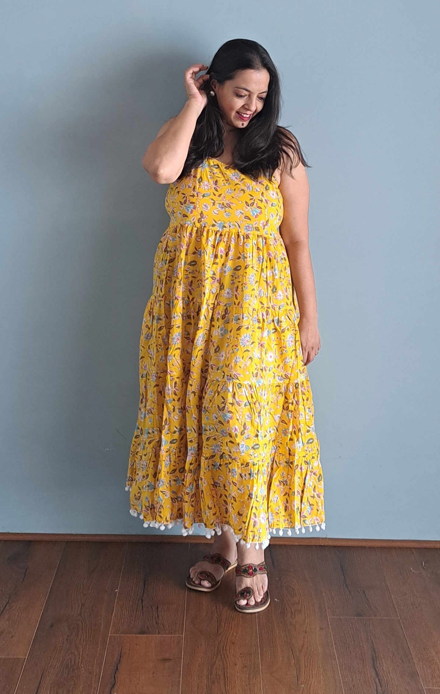 Yellow Floral Shoulder Strip Long Dress