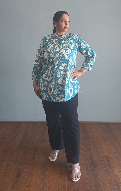 Azure Ikkat : Sky blue ikkat print tunic