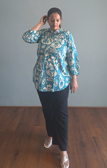 Azure Ikkat : Sky blue ikkat print tunic