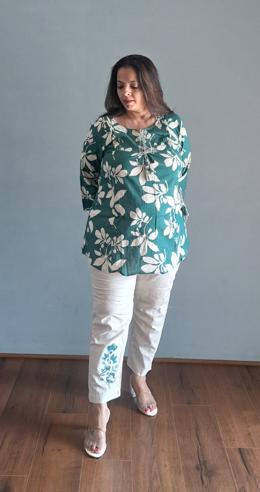 Green coords with thread work and patch work on pant