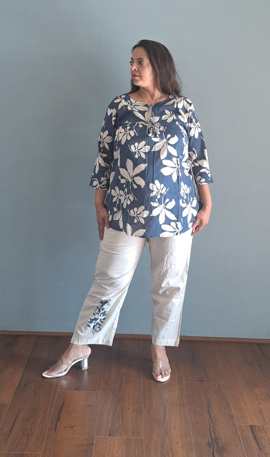Blue coords with thread work and patch work on pant