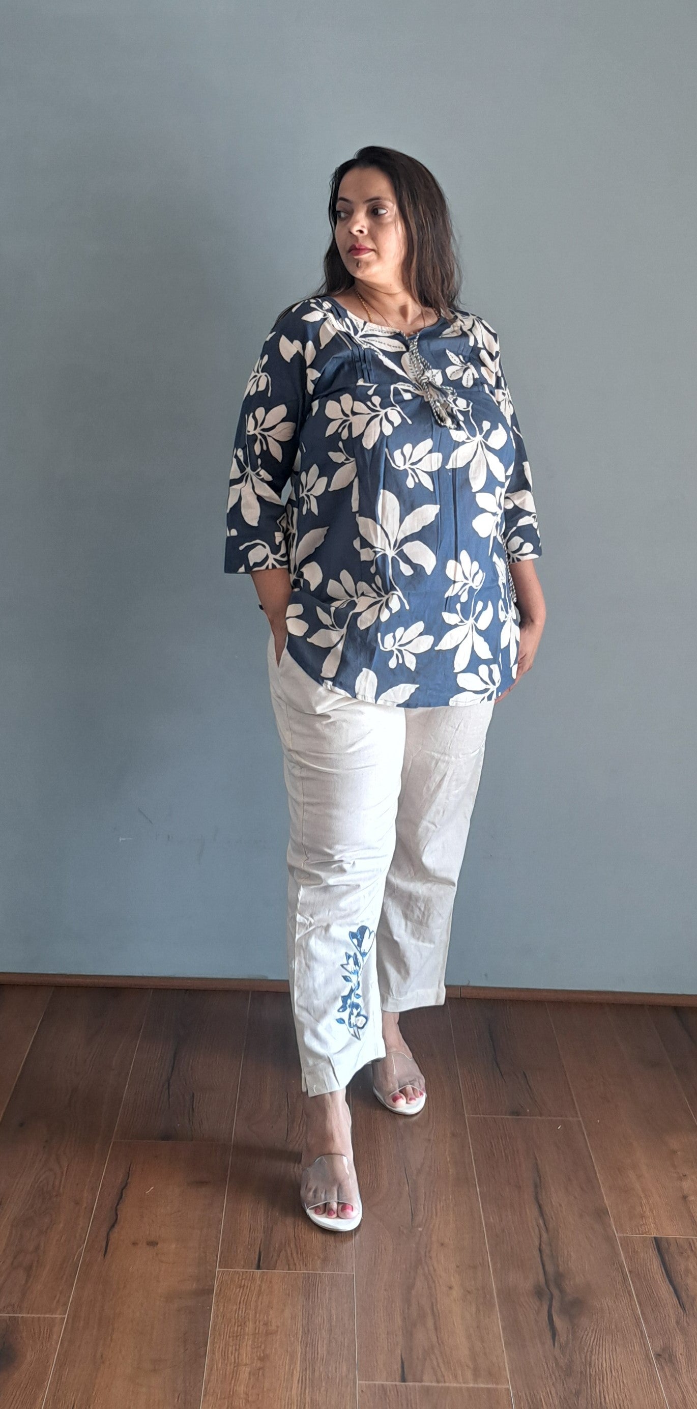 Blue coords with thread work and patch work on pant