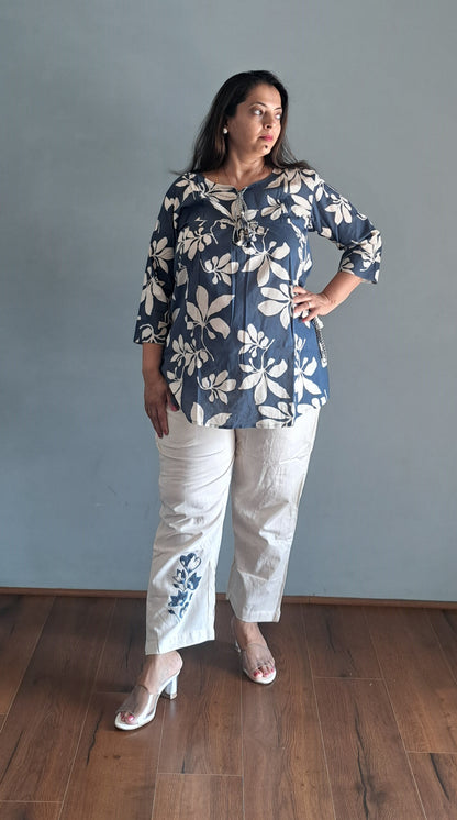 Blue coords with thread work and patch work on pant