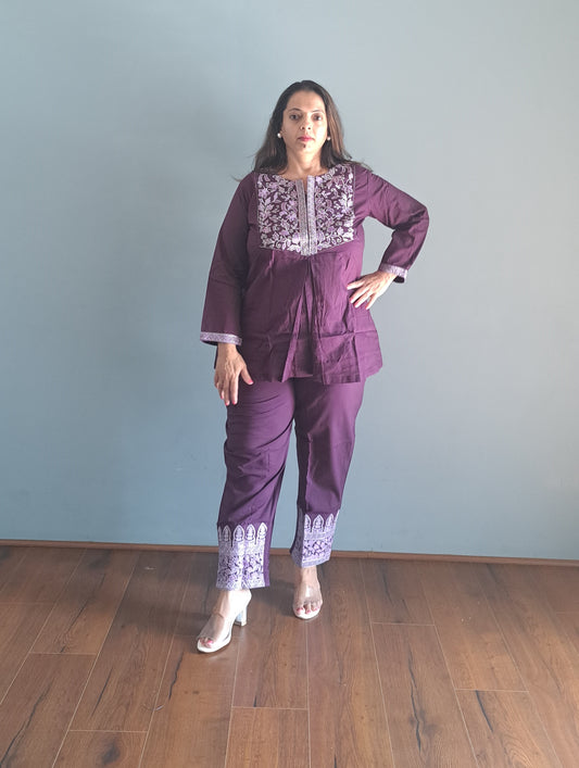 Dark purple Cotton Coords with embroidery
