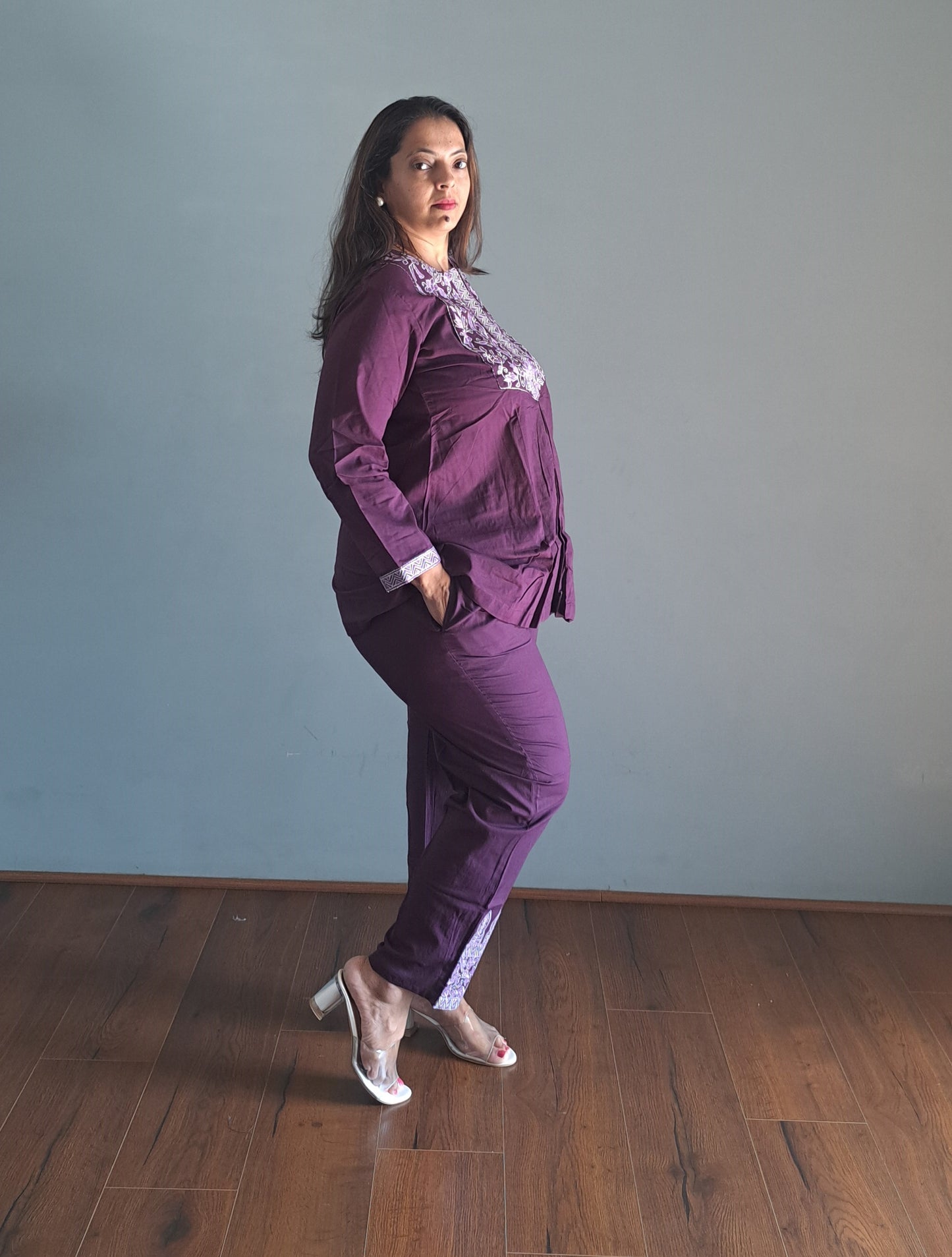 Dark purple Cotton Coords with embroidery