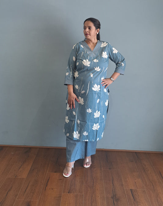 Blue Floral Cotton kurta pant