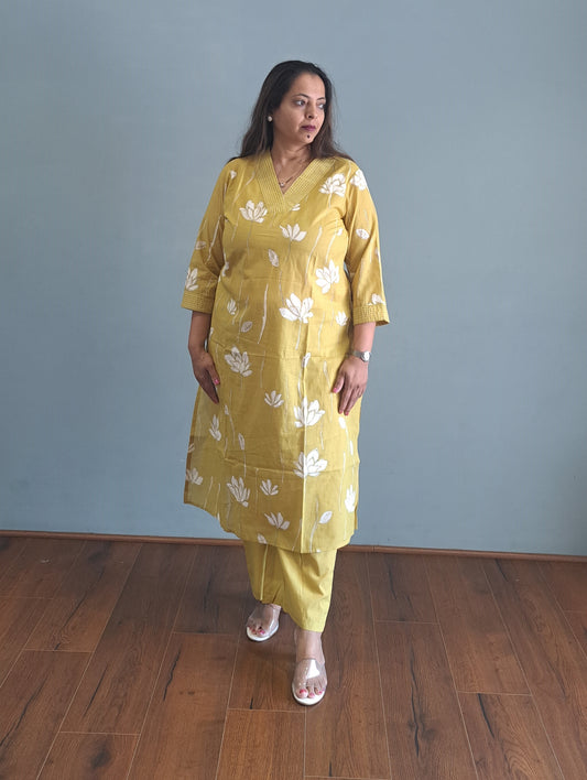 Yellow Floral Cotton kurta pant