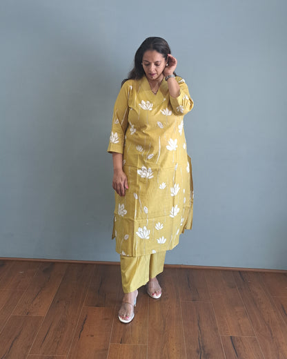 Yellow Floral Cotton kurta pant