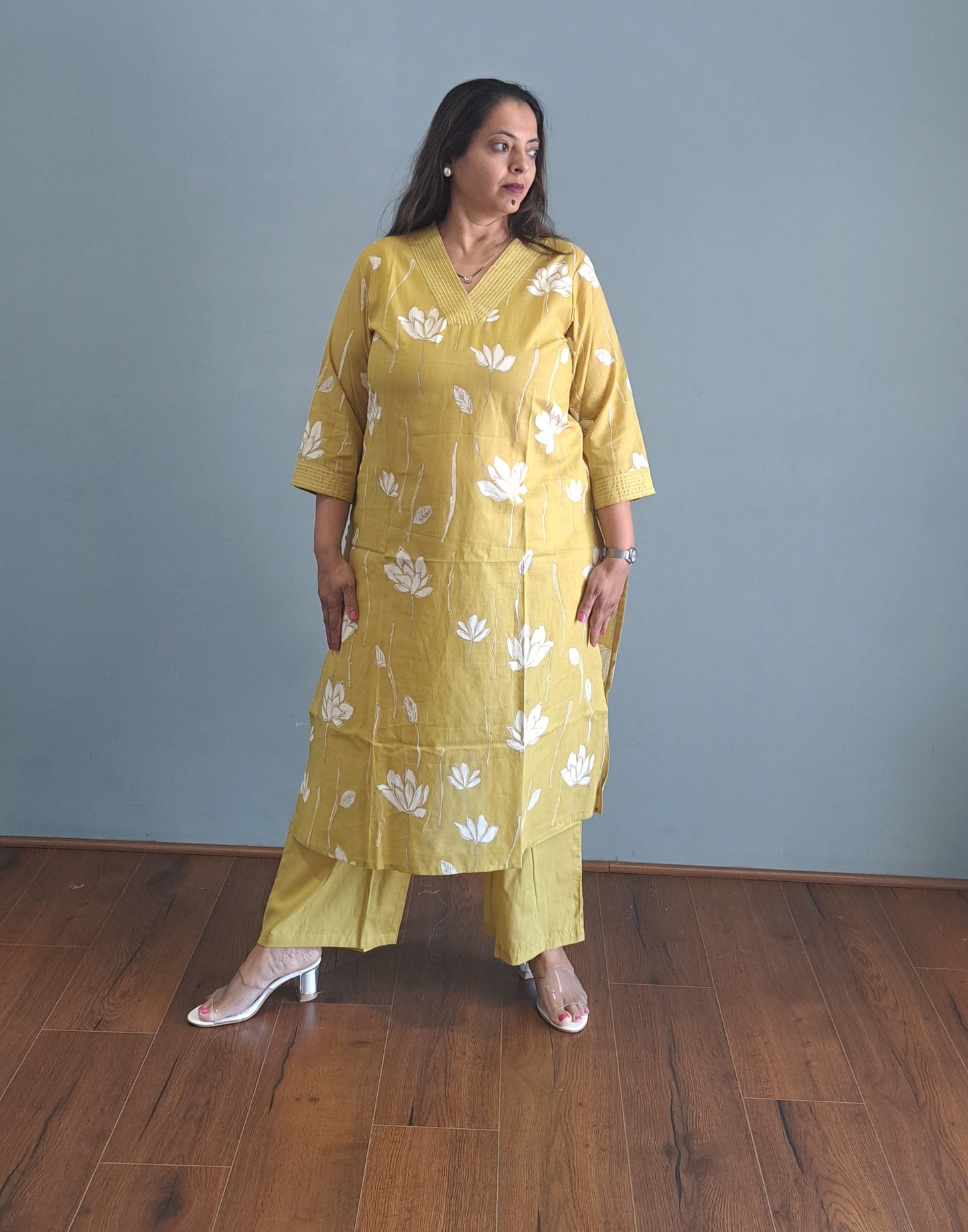 Yellow Floral Cotton kurta pant