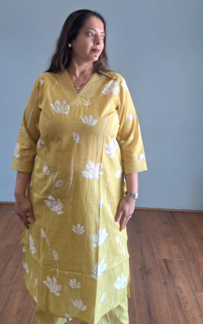 Yellow Floral Cotton kurta pant