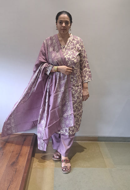 Lavender Floral silk suit with dupatta