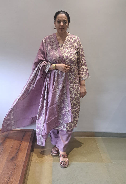 Lavender Floral silk suit with dupatta