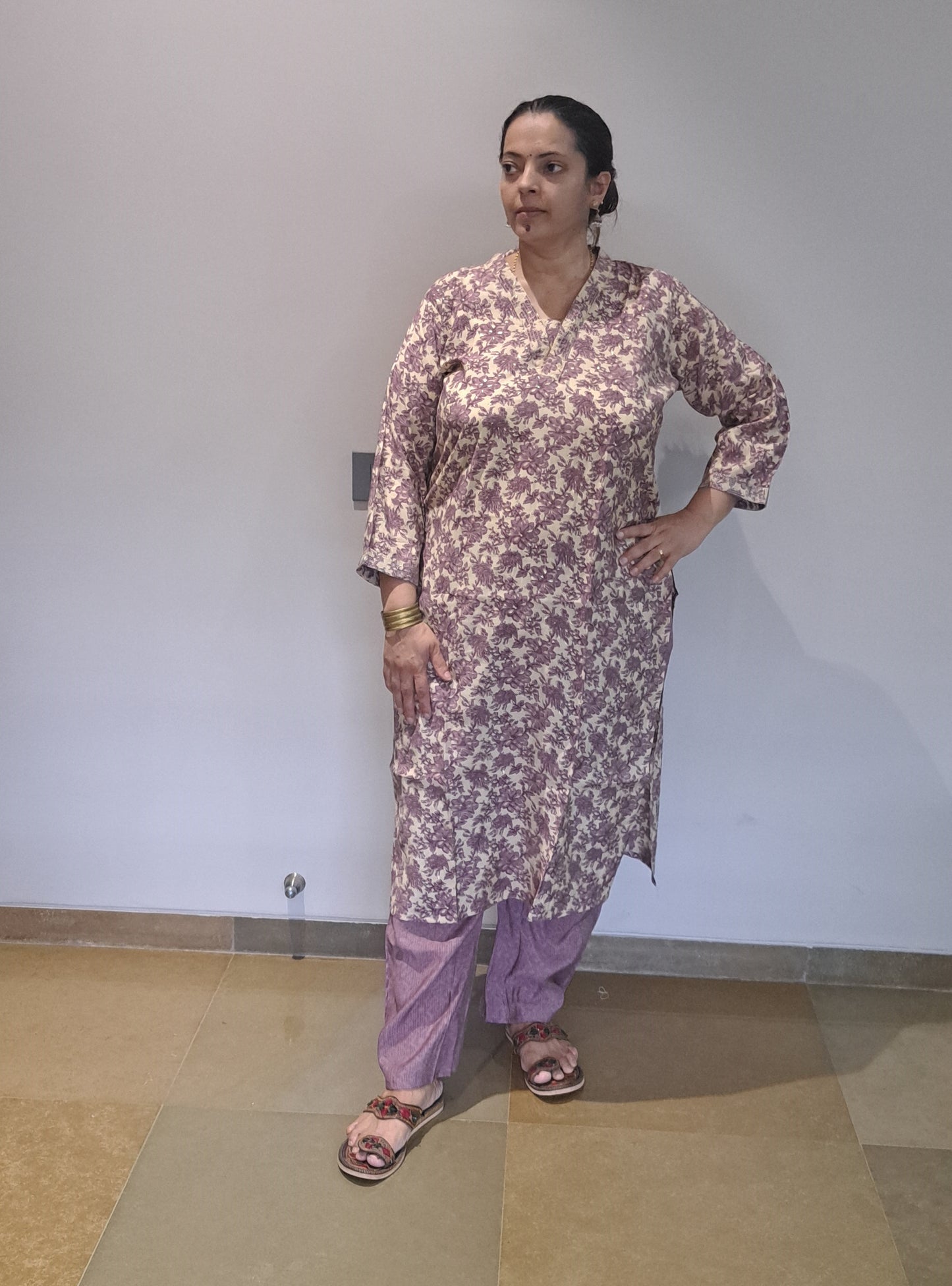 Lavender Floral silk suit with dupatta