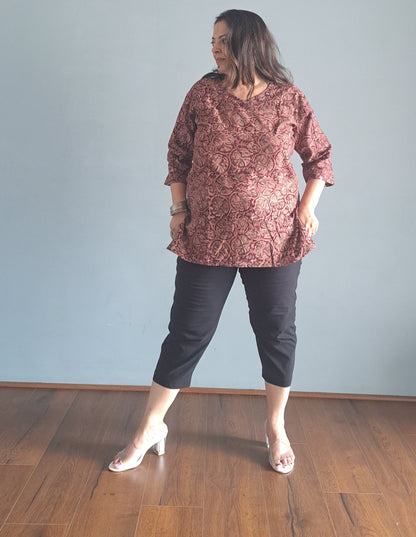Maroon Kalamkari cotton Short top with mirror work