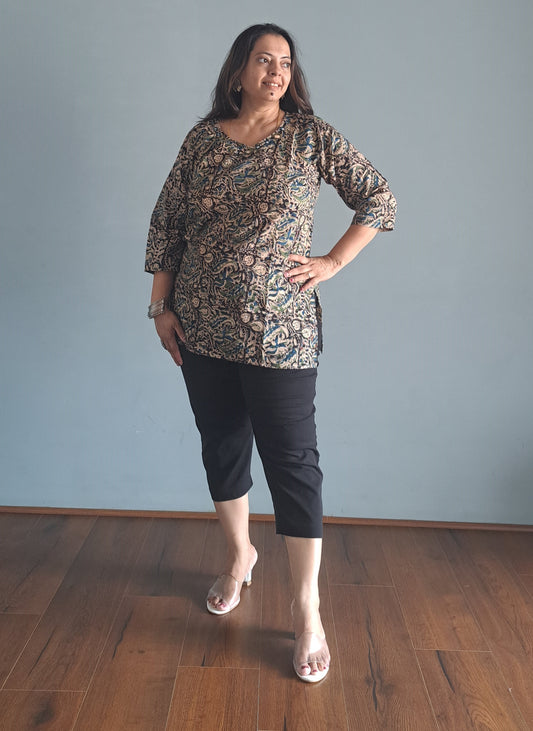 Blue and black Kalamkari cotton Short top with mirror work