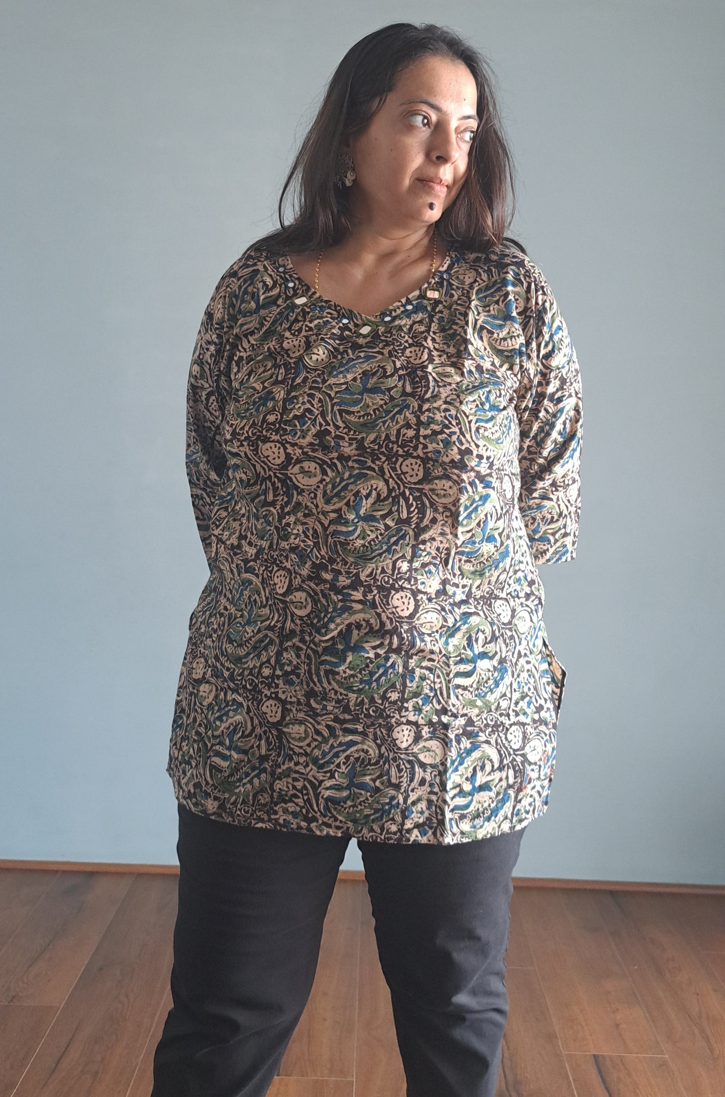 Blue and black Kalamkari cotton Short top with mirror work