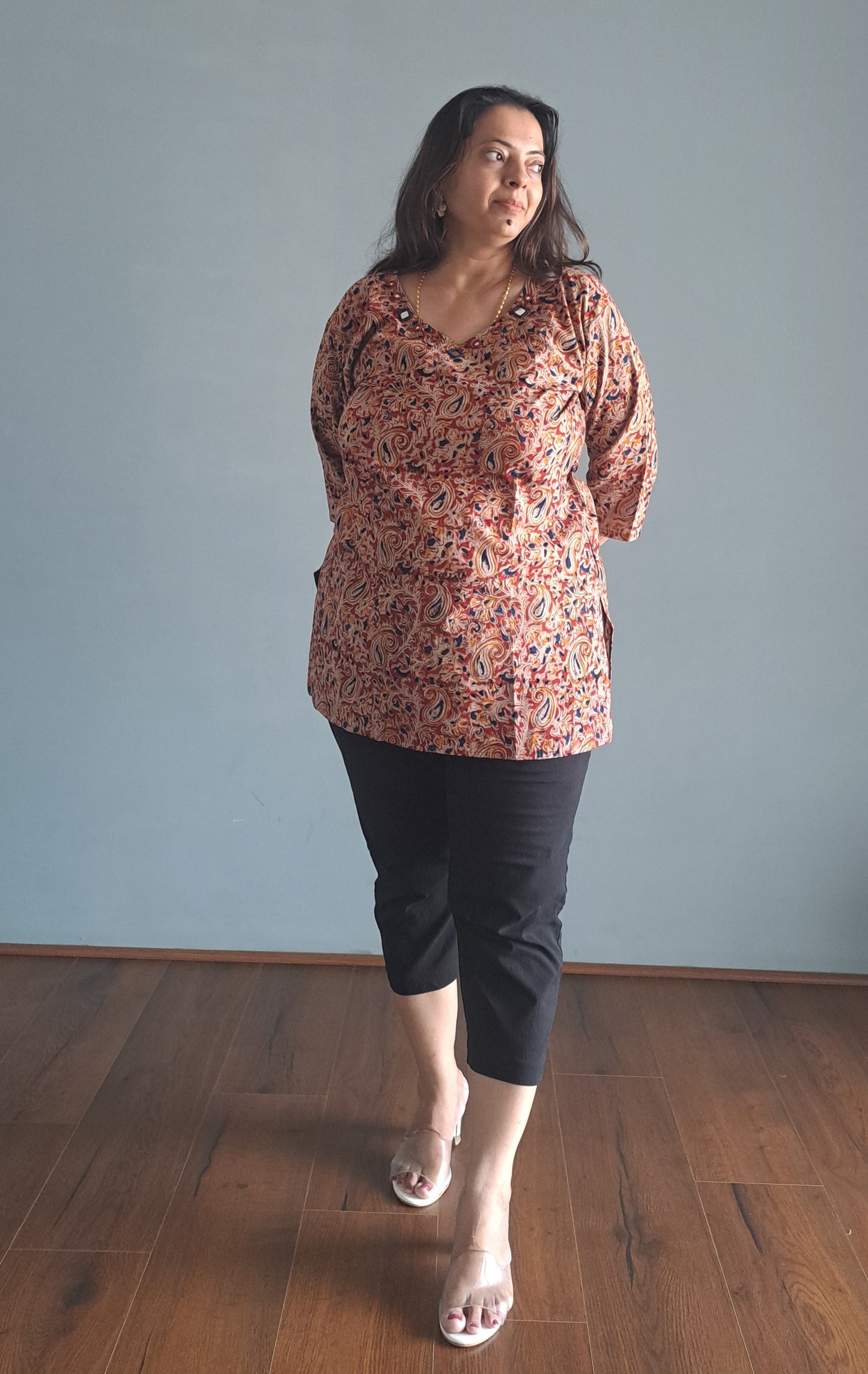 Mustered Kalamkari Short top with mirror work