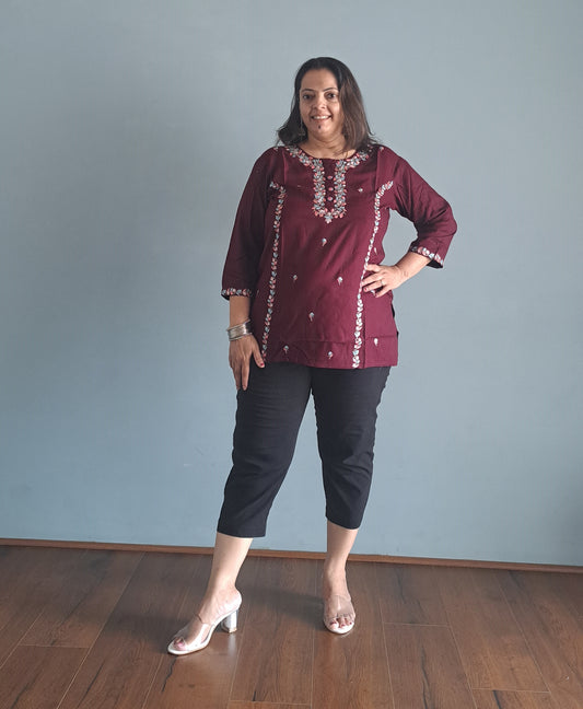 Maroon Embroidered cotton Short top