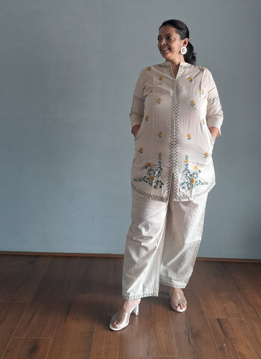 Off White khadi cotton Embroidered coord set for woman