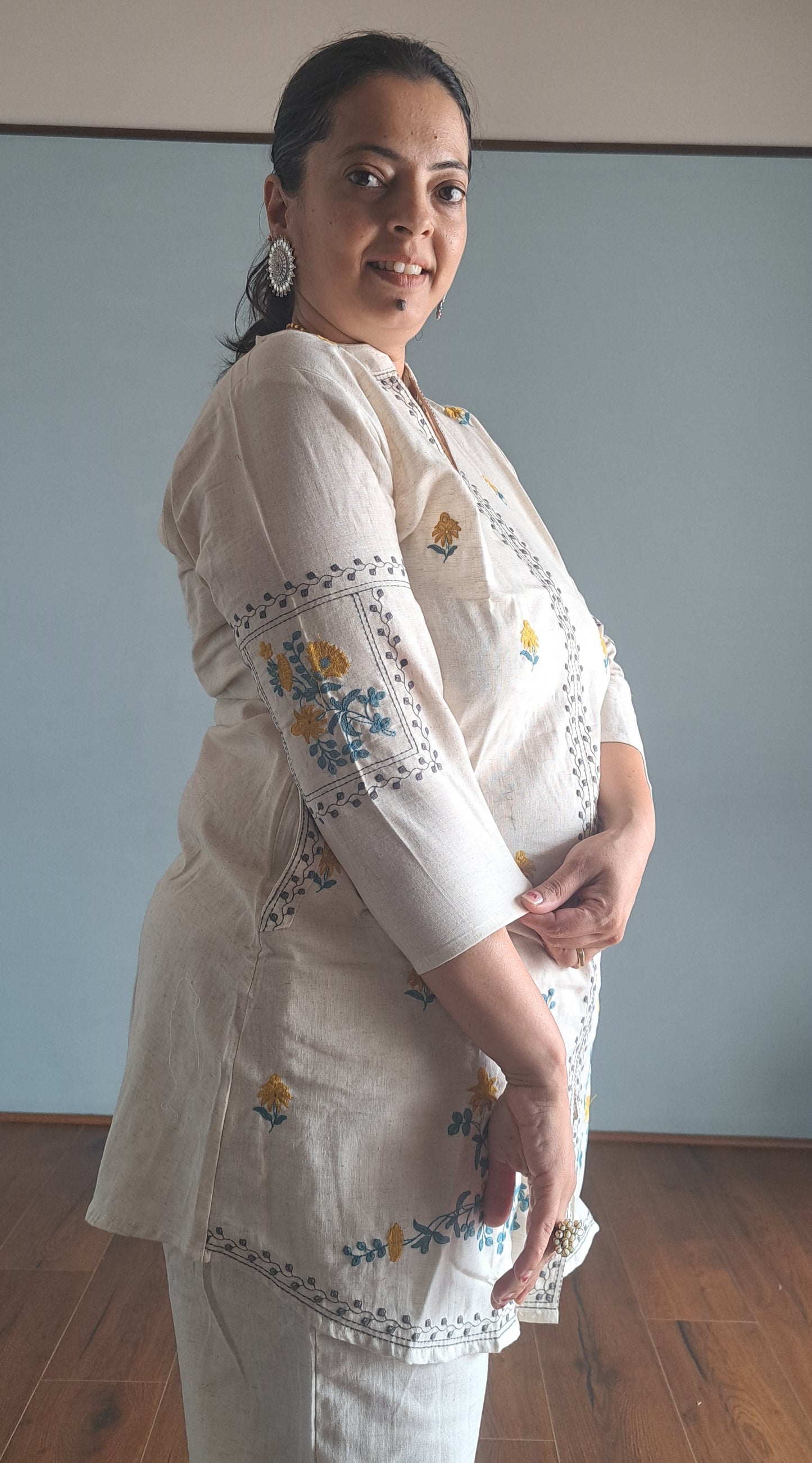 Off White khadi cotton Embroidered coord set for woman