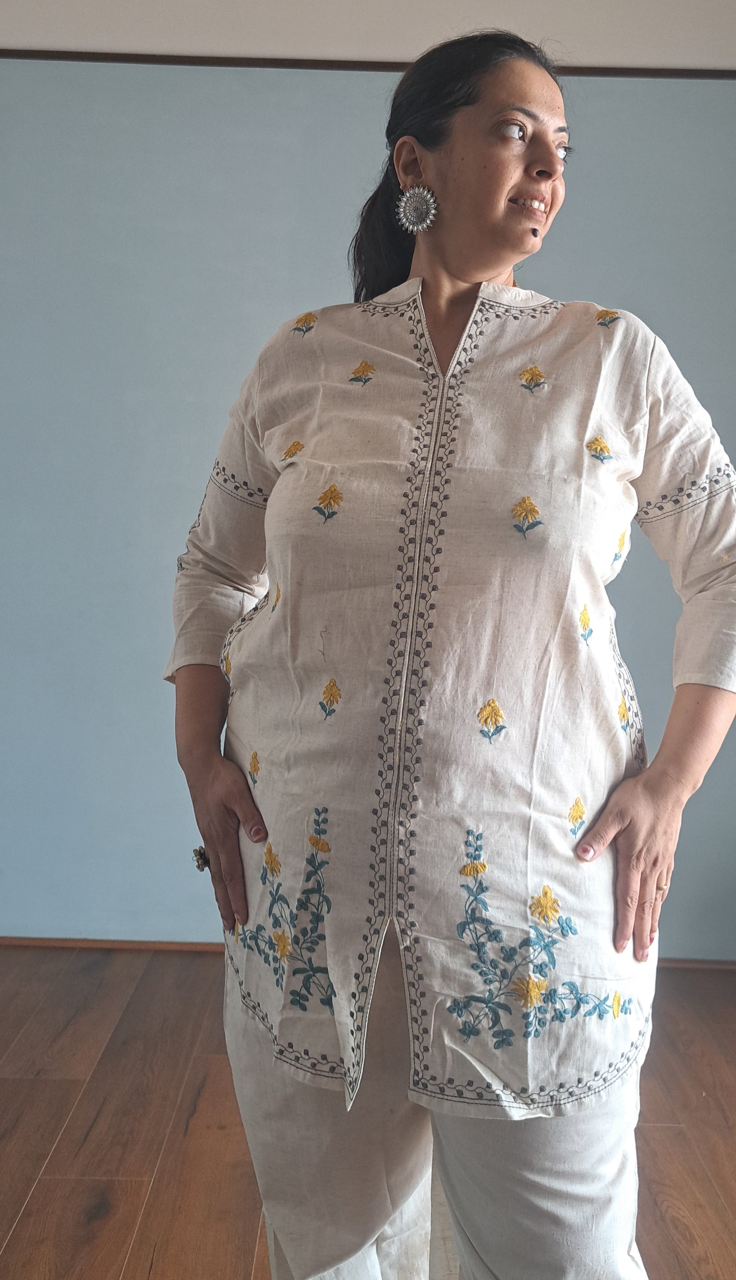 Off White khadi cotton Embroidered coord set for woman