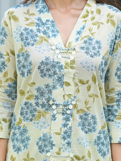 Blue and cream floral cotton kurta pant