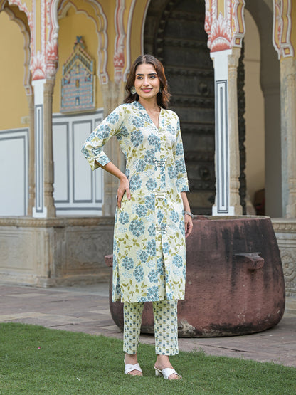 Blue and cream floral cotton kurta pant