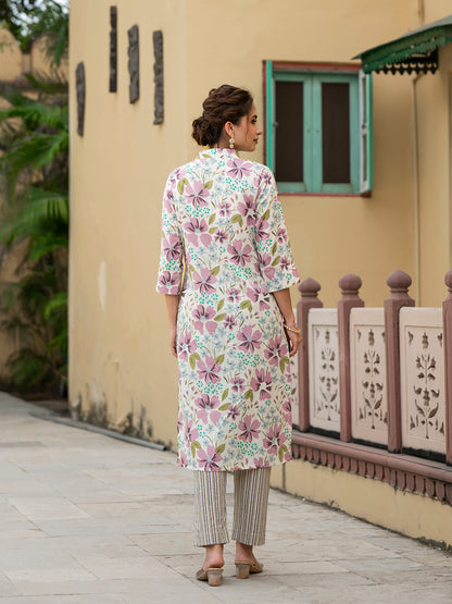 Lavender floral print cotton kurta pant