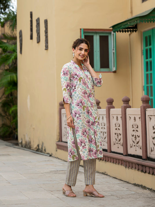 Lavender floral print cotton kurta pant