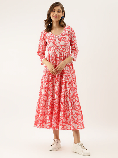 Pink Petals: Floral Printed Cotton Ethnic Dress