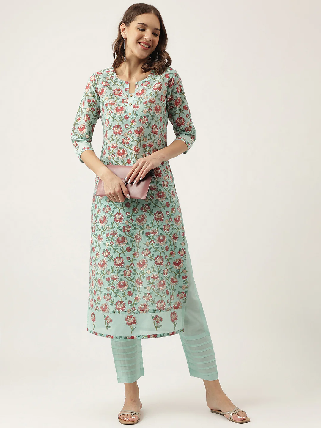 Chanderi Charm: Green Floral Printed Kurta with Pant Set