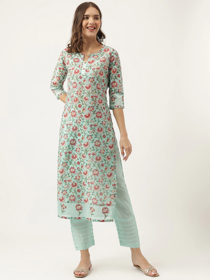 Chanderi Charm: Green Floral Printed Kurta with Pant Set