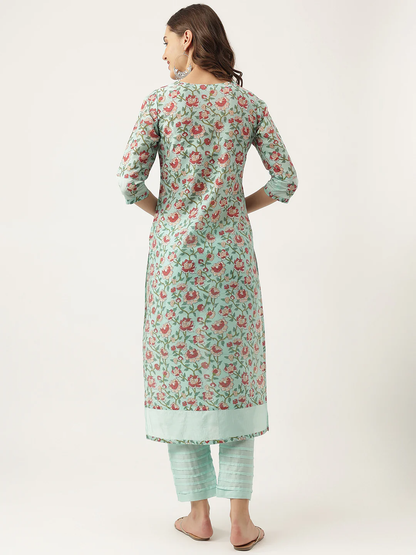 Chanderi Charm: Green Floral Printed Kurta with Pant Set