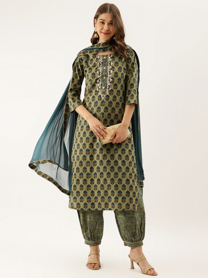 Emerald Enchantment: Green Floral Print Cotton Embroidered Kurta Set with Dupatta