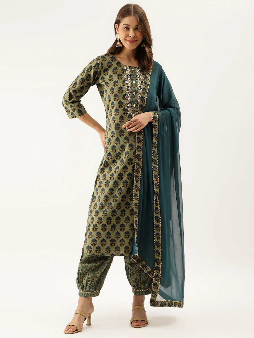 Emerald Enchantment: Green Floral Print Cotton Embroidered Kurta Set with Dupatta