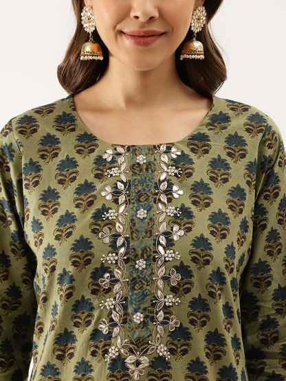 Emerald Enchantment: Green Floral Print Cotton Embroidered Kurta Set with Dupatta