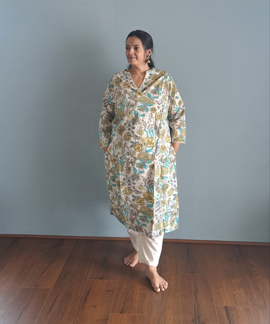 Mystic Meadow: Floral Green & Blue Cotton Angarkha Set