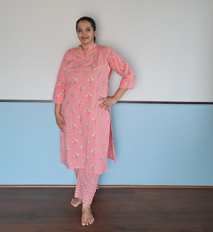 Pearl Essence: Pink Cotton Kurta Pant Set with Pearl Buttons