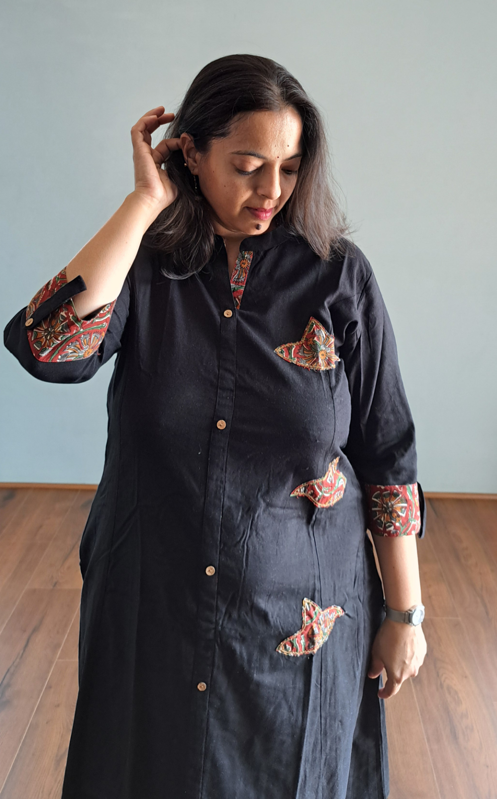 Black Patchwork Cotton Kurti with Pocket